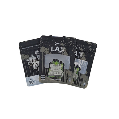 Black Standing Mylar Weed Bags Tiga Sisi Seal Dengan Jendela Terbuka