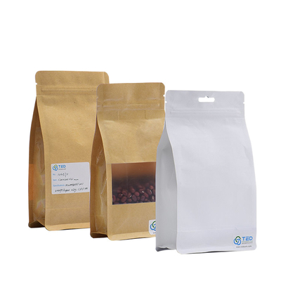 250G Doypack Kantong Kopi Kertas Kraft Putih Kantong Kopi Kraft Datar Dengan Jendela