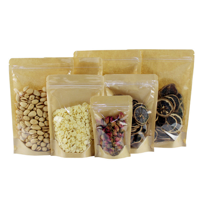 Kertas Daur Ulang Biodegradable Stand Up Bags Transparent Window Brown Dengan Zipper