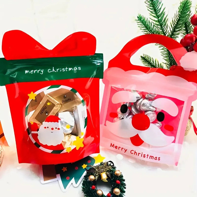 Tas Mylar Plastik Berbentuk Disesuaikan, Tas Kemasan Hadiah Natal Dengan Zip