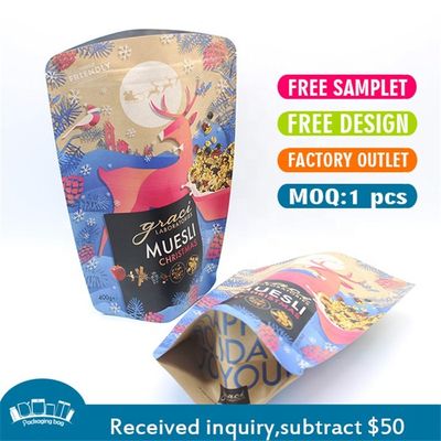 CMYK Cetak 70g Kraft Paper Laminated Bags Zipper Top Resealable Stand Up Bags
